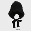 Winter black chunky knit beanie with ear flaps and stylish ribbons for women - M (54-58cm) / Black