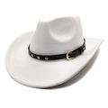 Detailed view of white felt cowboy hat with black leather strap and gold metal rivets - M (56-58cm) / White