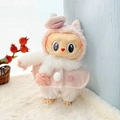 Pink plush outfit for Labubu doll featuring a hooded cape and white fuzzy scarf - Winter Light Pink Star-patterned Shawl Four-piece Set / First And Second Generation Keychains Are Compatible With La Cloth Dolls. Dolls Not Included.