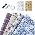 Father's Day gift wrap set with blue plaid, necktie patterns, and matching ribbons - 50x70cm / Four-Piece Set