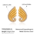 Macro detail of 18K gold plated stainless steel wing earrings with sparkling rhinestones - Gold Wing Style (YYE025003-G)