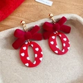 Détail de boucles d'oreilles nœud rouge floqué avec cœurs blancs sur métal doré - Style Nœud Cœur Anneau (3# Tige d'oreille en argent-Rouge)