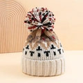 Bonnet en tricot épais d'hiver avec pompon multicolore et motif jacquard géométrique crème - Taille unique / Blanc Cassé