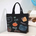 Black canvas tote bag with colorful cartoon bears and fruit prints for daily commuting - Fruit Bear Black