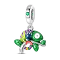 Macro view of a colorful enamel chameleon charm with a green zircon inlaid on silver - Colorful Chameleon Pendant