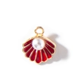 Gold shell pendant with red enamel and white pearl for DIY jewelry necklaces - Red Gold Plated