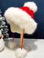 Winter festive red knit hat with plush white earflaps and decorative pom-poms - M (56-58cm) / Red