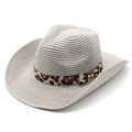 Close-up of woven straw cowboy hat featuring leopard print band and bow detail - M (56-58cm) / Gray
