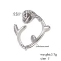 Polished stainless steel rose flower open ring with stem thorns and silver finish - Silver-Thorn Rose