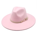 Pink wide brim wool felt jazz hat with beige leather strap and gold buckle for women - M (56-58cm) / Pink