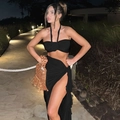 Women's black two-piece vacation set with halter tube top and side slit maxi skirt - Black