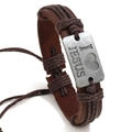 Bracelet ajustable en cuir tressé marron avec plaque en argent gravée I Love Jesus - Fil Brun Foncé
