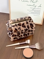 Leopard print plush makeup bag with zipper closure and carry handle for travel - Plush Coffee Leopard