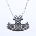 Vintage Thor's Hammer Mjolnir pendant necklace with Vegvisir runes in oxidized steel - Viking Battle Axe Pendant (No Chain) (C0710)