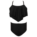 Girls' black two-piece bikini swimsuit with ruffled halter top and high-waisted bottoms - 104 / Black Ruffle Smooth Set