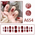 Deep burgundy and white press-on nails with rose floral patterns and silver glitter accents - Wine Red Rose Glitter Style (A654)
