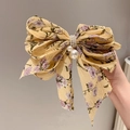 Barrette nœud en mousseline jaune à fleurs violettes avec pendentifs perles élégants - Jaune
