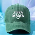 Detailed close-up of white Super Mama embroidery on a dark green washed cotton baseball cap - One Size / Dark Green