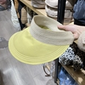Detail of wide brim sun hat with yellow fabric stitching and beige woven texture - Yellow