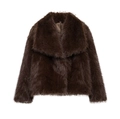 Close-up of the plush texture and large lapel of this brown faux fur short coat - XS / Coffee