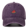 Close-up of watermelon embroidery on purple washed cotton dad hat with fine stitching - One Size / Purple
