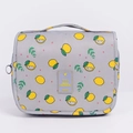 Gray travel hanging toiletry bag with lemon pattern, top handle and zipper closure - Grey Lemon