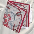 Elegant beige silk square scarf featuring burgundy borders and equestrian metal horsebit patterns - New Chain Buckle Rose Red Silk Scarf / 65