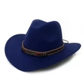 Dark blue wool cowboy hat with brown braided band and metal feather accessory - One Size 58cm / Leaf Belt / Sapphire Blue