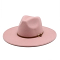 Detailed close-up of a pink wool fedora hat featuring a brown leather belt with gold buckle - M (56-58cm) / Dusky Pink
