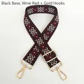 Close-up of ethnic geometric jacquard bag strap with gold metal hooks and wine red pattern - Black Wine Red Gold Hook