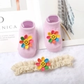 Set calzini rosa e fascia in pizzo beige per neonati con fiori arcobaleno sorridenti - Calzini Rosa/Fiore Smiley Arcobaleno