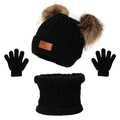 Set invernale nero per bambini con cappello, sciarpa e guanti con pompon di pelliccia - Set con Zirconia Nera