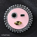 Pink enamel smiley face brooch with pearls and green gems, measuring 3.7x3.7 cm - Pink Smiley Face