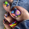 Matte black press-on toenails with colorful floral design and high-quality finish - FW23