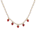 Sweet pearl necklace with red strawberry pendants and gold beads on a white background - Gold Red Strawberry Necklace