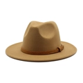 Detail of camel wool fedora hat featuring a snakeskin textured leather belt with metal buckle - M (56-58cm) / Camel