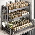 Black 3-tier metal kitchen spice rack organizer, dimensions 60x55x24cm with side hooks - 3-Layer Gun Grey 55CM (Main Rack) + 4 Hooks