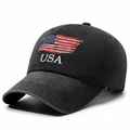 Casquette de baseball en coton délavé noir avec broderie USA et drapeau américain - Réglable / Noir