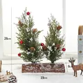Miniature double-headed Christmas tree with red berries, pine cones and snow on wood base - 28CM Double Tree Stake Style