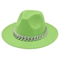 Close-up of bright neon green fedora hat featuring a sparkling rhinestone cuban chain link - Fruit Green