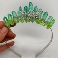 Detail of handmade silver wire crown with gradient green crystals and crescent moon - Yellow-Green Crystal with Triple Moon