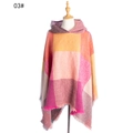 Women's hooded plaid poncho shawl in pink, yellow and purple check with thick fringe - 03# Rose Red