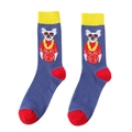 Detail of blue cotton crew socks featuring yellow cuffs and animal cartoon patterns - 3-Blue Hawaiian Style Animal
