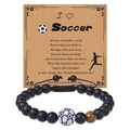 Soccer charm bracelet with black matte beads and tiger eye stone on message card - Soccer Bracelet-3-Woven (Woven Rope + Soccer Bead + Tiger Eye)