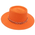 Macro view of bright orange woven straw hat featuring a stylish thick gold chain decoration - One Size / Orange (with Acrylic Chain Decor)