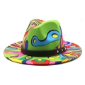 Detailed shot of graffiti print fedora with black leather band and silver studs - M (56-58cm) / Psychedelic Pop Art Print Style (06)