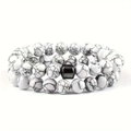 Set di due braccialetti con perline di marmo bianco da 8 mm e accento quadrato nero - Bracciale Howlite Bianca