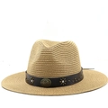Classic straw fedora hat with brown leather band and metal sunflower ornaments on white background - M (56-58cm) / Khaki