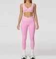Pink high-waisted yoga set with cross-waist leggings and V-neck contrast sports bra - XL / Top And Bottom (Bra + Long Pants) / Sakura Pink