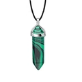 Detail of green malachite hexagonal quartz point pendant with silver clasp and black cord - Malachite + Leather Cord